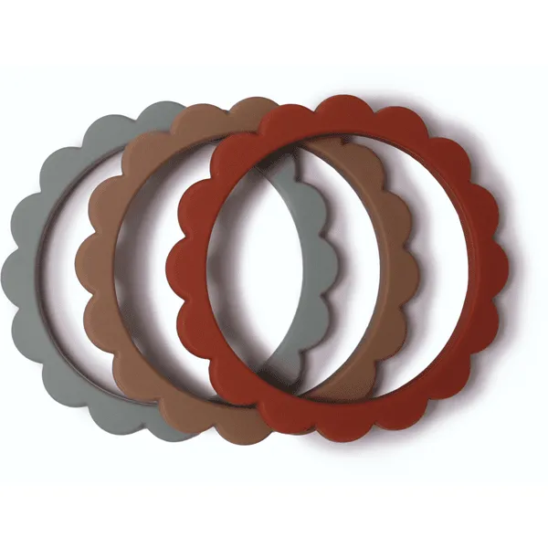 mushie Bijtring bloem armband, Cambridge Blue/Clementine/ Natural , 3 stuks